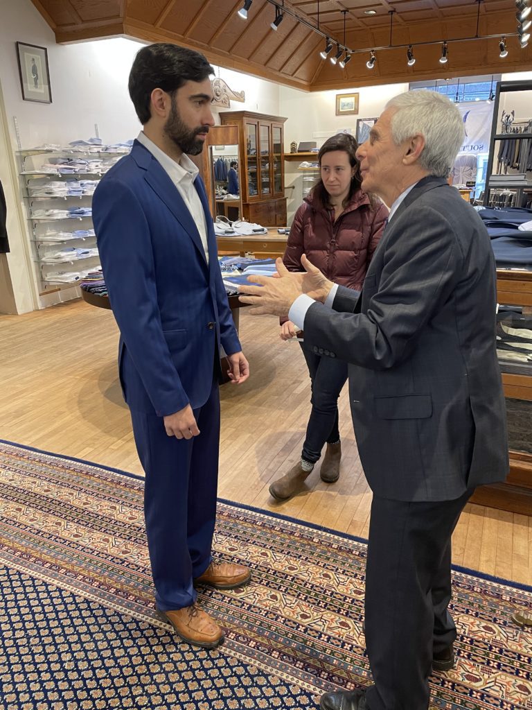 Customer trying on wedding suit