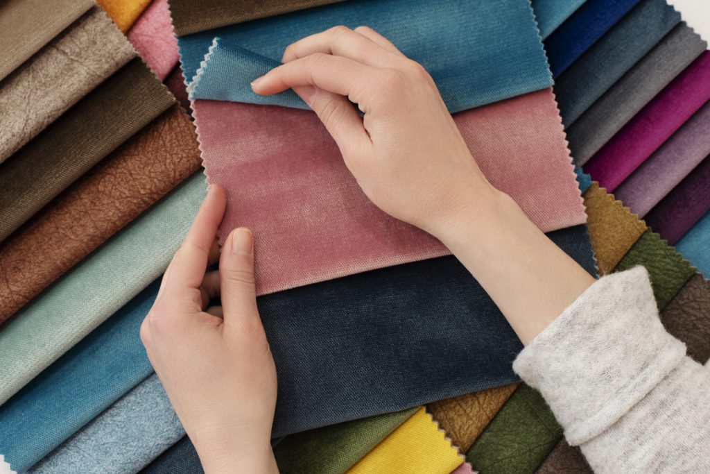 Young woman with different colors of fabric samples.