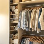 Large wardrobe closet with different clothes suggesting wardrobe organization.