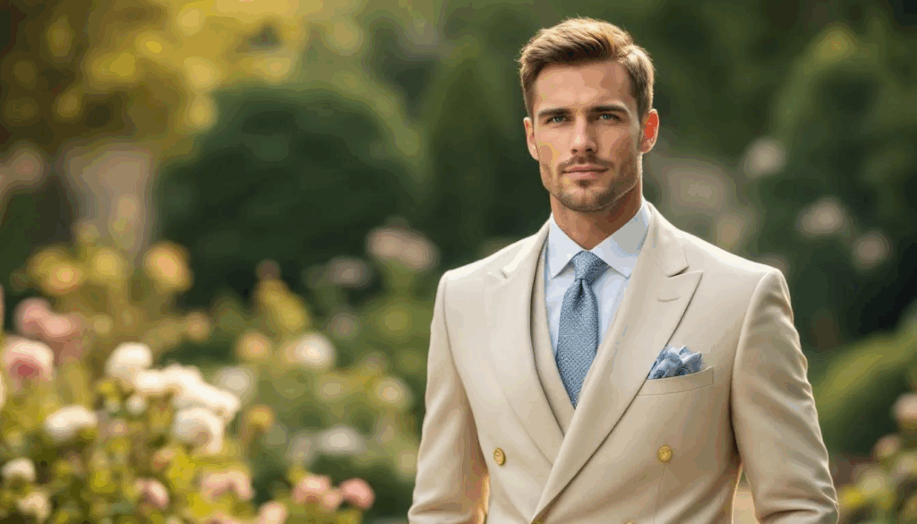 The image depicts a groom in a stylish summer wedding suit, featuring a light tan fabric paired with a crisp white shirt and a coordinating tie. This casual wedding attire reflects a relaxed yet elegant dress code suitable for a warm outdoor event.