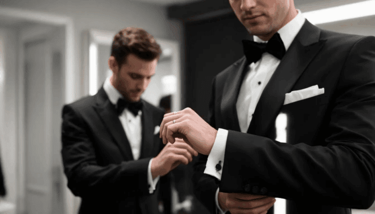 An elegant groom is seen adjusting his cufflinks while wearing a perfectly fitted black tuxedo, showcasing his stylish wedding attire for the big day. The outfit is complemented by a crisp white shirt and a classic tie, embodying the essence of formal dress codes for weddings.