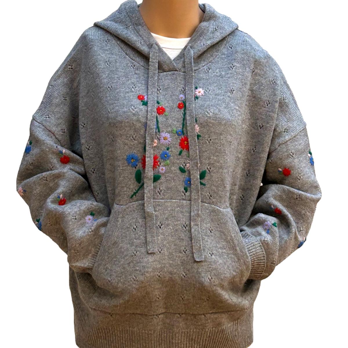 Embossed Floral Wool Sweater with Hood